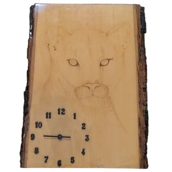 Live Edge wood clock with wood burned cougar - Picture 1 of 3